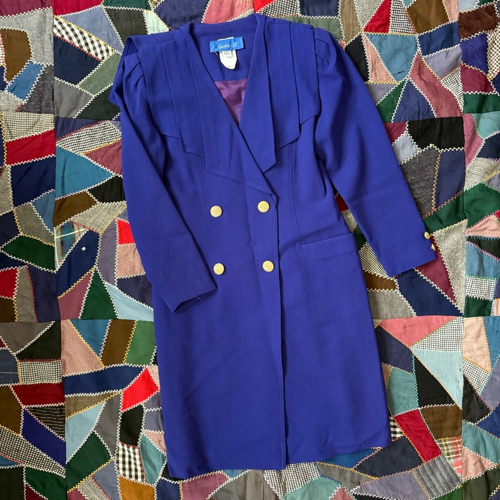 Vintage Blue Double-Breasted Pleated Dress - Picture 3 of 8